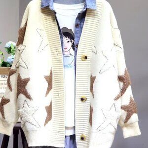 Star Pattern V-Neck Drop Shoulder Cardigan - ONE SIZE